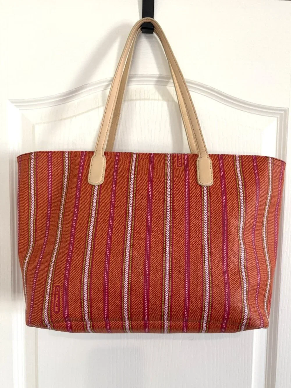 Coach Legacy Weekend Ticking PVC Tote Bag Handbag Pink Lime Orange Stripe 23108